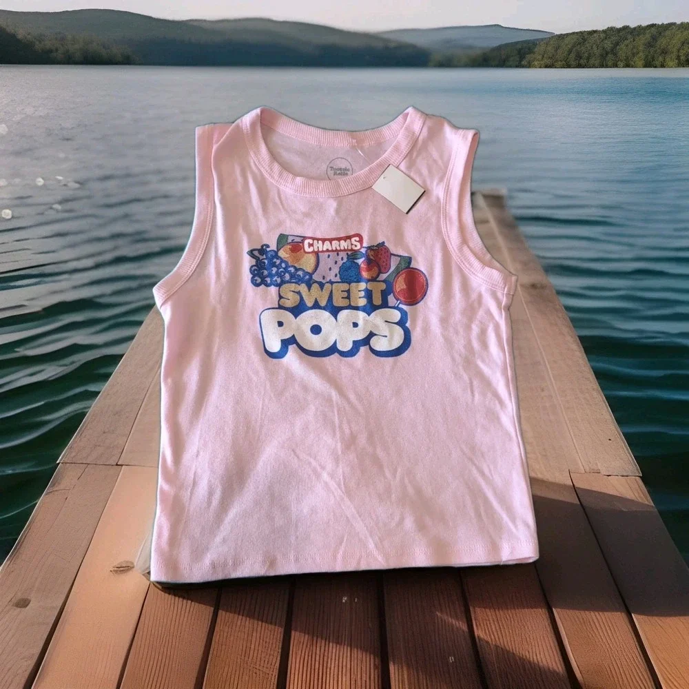Charms Blow Pop Sweet Pops Pink Ringer Tee Shirt Jr Youth L Gum Candy 90s Retro